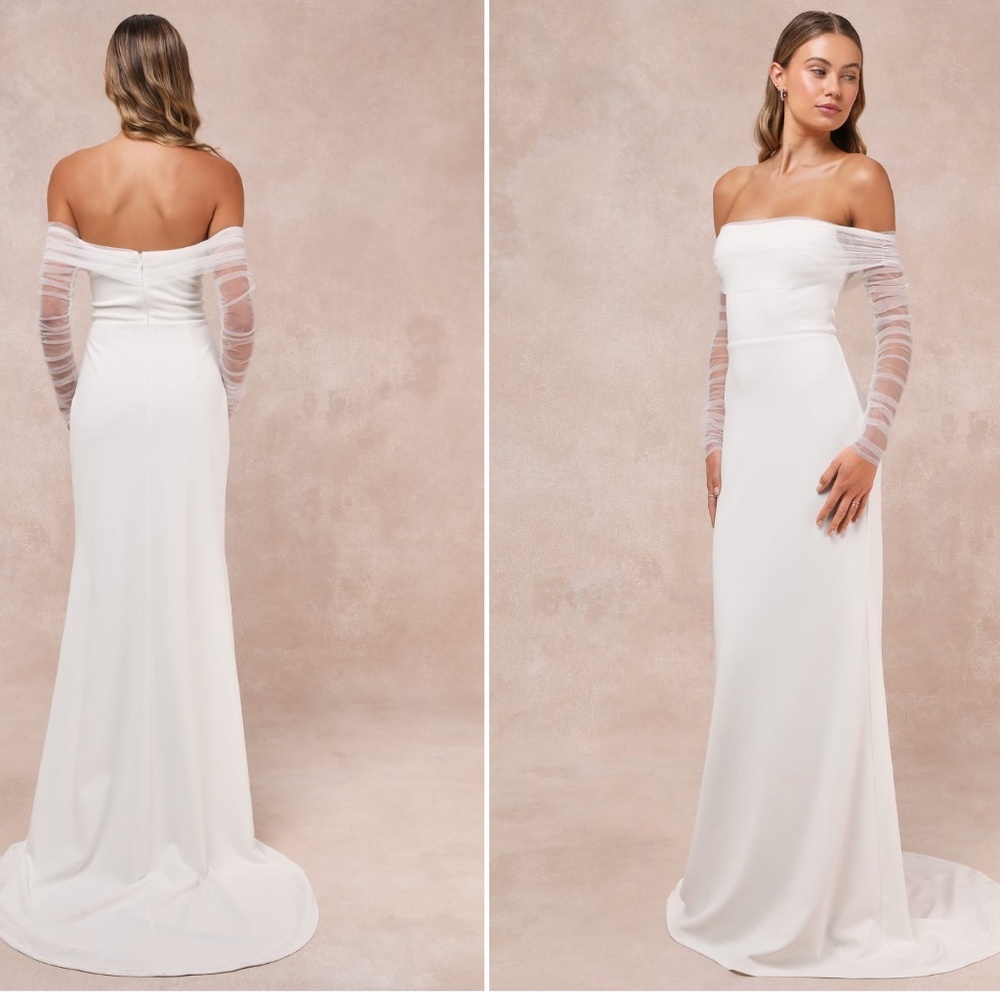 LULU's Beautifully Beloved White Mesh Off-the-Shoulder Bridal Gown • size Large